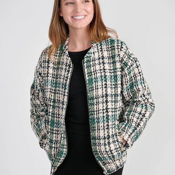 New Zara Plaid Textured Tweed Oversized Bomber Green Chanel Style Jacket NWT XS - Picture 4 of 17